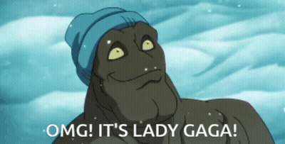A Cartoon Character Wearing A Blue Beanie Says Omg It 'S Lady Gaga GIF