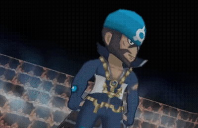 a cartoon character wearing a blue hat and a gold chain