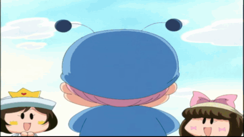 A Cartoon Character Wearing A Blue Hat And A Pink Bow GIF