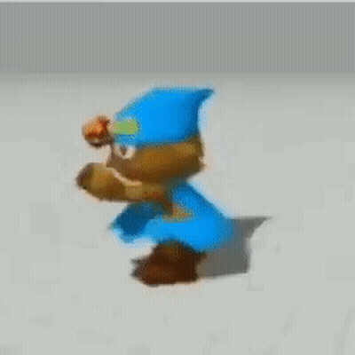 A Cartoon Character Wearing A Blue Hat And Orange Glasses Is Dancing On A White Surface . GIF