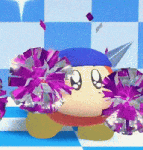 A Cartoon Character Wearing A Blue Hat And Purple Pom Poms . GIF