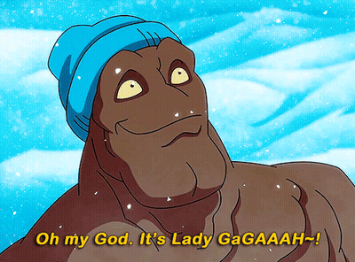 A Cartoon Character Wearing A Blue Hat Says Oh My God It 'S Lady Gagaaah GIF