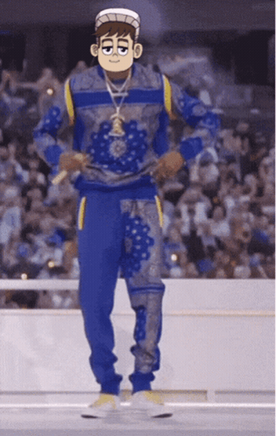 A Cartoon Character Wearing A Blue Sweater And Blue Pants Is Standing In Front Of A Crowd GIF