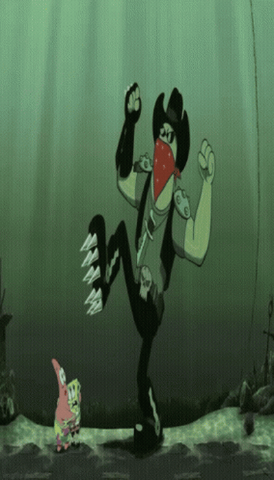 A Cartoon Character Wearing A Cowboy Hat And A Bandana Stands Next To A Spongebob Character GIF