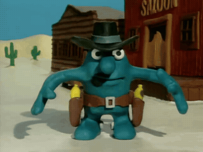A Cartoon Character Wearing A Cowboy Hat And Holding Two Guns In Front Of A Saloon GIF