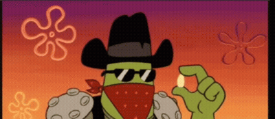 A Cartoon Character Wearing A Cowboy Hat And Sunglasses Is Holding A Small Object . GIF