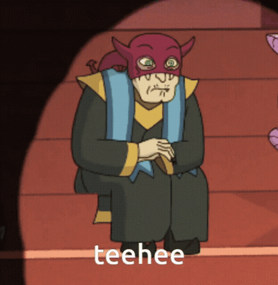 A Cartoon Character Wearing A Devil Mask Is Sitting On A Set Of Stairs With The Words Teehee Below Him GIF