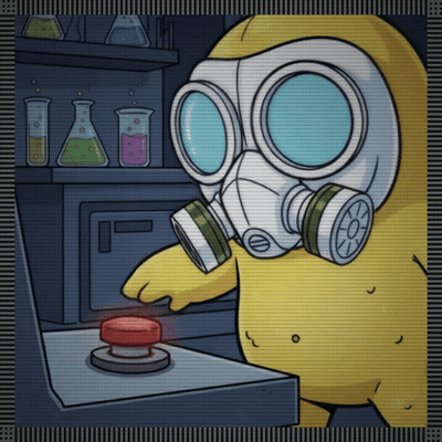 A Cartoon Character Wearing A Gas Mask Is Pressing A Button GIF