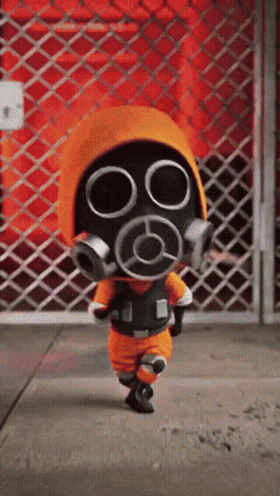 A Cartoon Character Wearing A Gas Mask Is Walking On The Street GIF