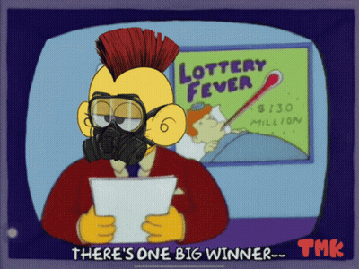 A Cartoon Character Wearing A Gas Mask Stands In Front Of A Lottery Fever Sign GIF