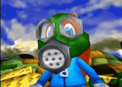 A Cartoon Character Wearing A Gas Mask With A Letter B On His Chest GIF