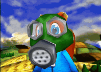 A Cartoon Character Wearing A Green Gas Mask And Glasses GIF
