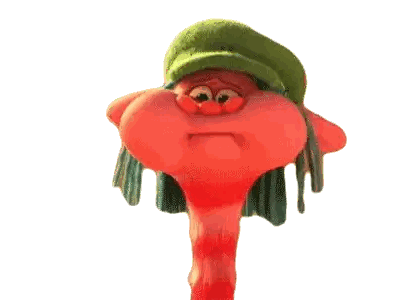A Cartoon Character Wearing A Green Hat With A Sad Face Sticker