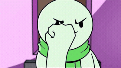 A Cartoon Character Wearing A Green Scarf Covering His Face With His Hand GIF