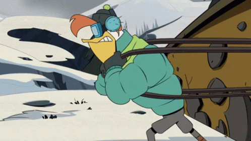 A Cartoon Character Wearing A Hat And Goggles Is Carrying Something GIF
