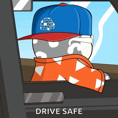 A Cartoon Character Wearing A Hat And Scarf With The Words Drive Safe Above Him GIF
