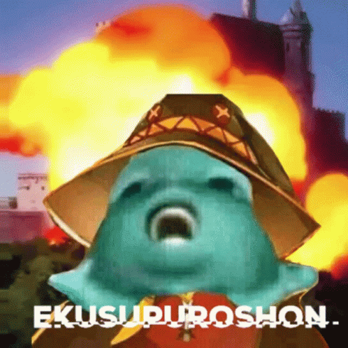 A Cartoon Character Wearing A Hat Is Screaming In Front Of An Explosion With The Words " Ekusupuroshon " Written Below I GIF