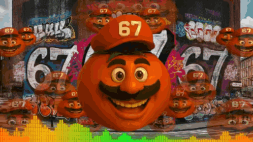 A Cartoon Character Wearing A Hat With 67 On It GIF