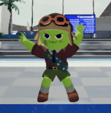 a cartoon character wearing a helmet and goggles is dancing