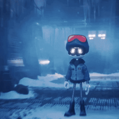 A Cartoon Character Wearing A Helmet And Goggles Standing In The Snow GIF