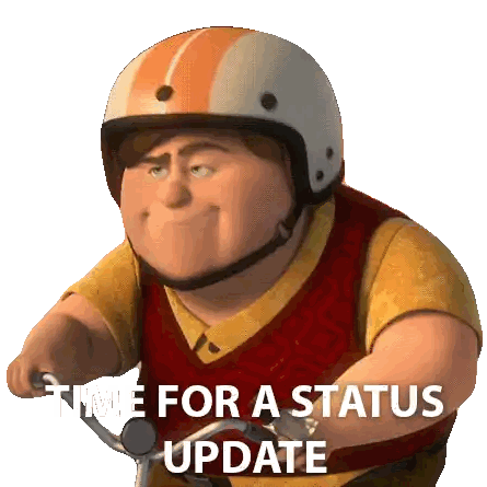 A Cartoon Character Wearing A Helmet Rides A Bike With The Words Time For A Status Update Written Below Him Sticker