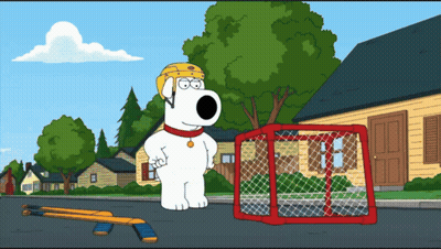 A Cartoon Character Wearing A Hockey Helmet Stands In Front Of A Goal GIF