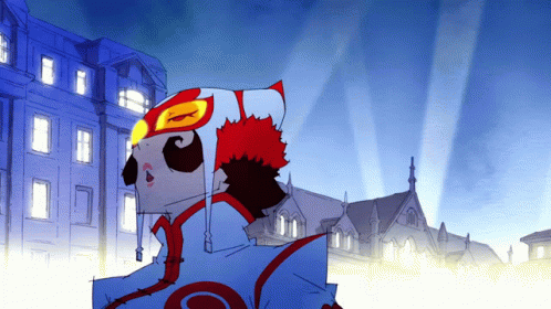 A Cartoon Character Wearing A Mask Stands In Front Of Buildings GIF