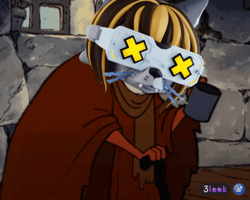 A Cartoon Character Wearing A Pair Of Glasses With A Cross On Them GIF