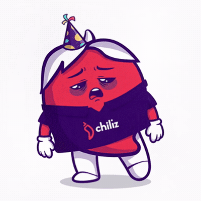 A Cartoon Character Wearing A Party Hat And A Chiliz Shirt GIF