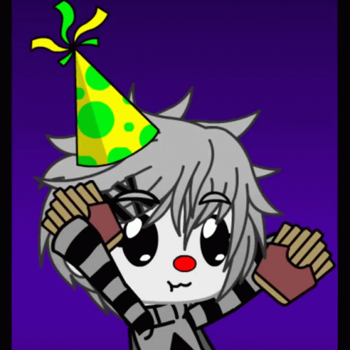 A Cartoon Character Wearing A Party Hat And Holding French Fries GIF