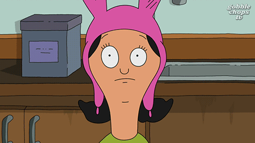 A Cartoon Character Wearing A Pink Hat With The Words Gobble Chops In The Background GIF
