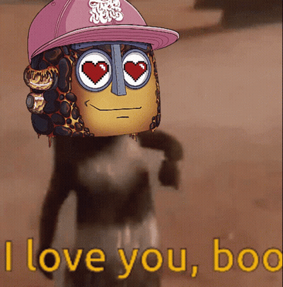 A Cartoon Character Wearing A Pink Hat With The Words I Love You Boo Below It GIF