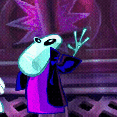 A Cartoon Character Wearing A Purple Coat And A Blue Jacket Is Holding A Stick GIF