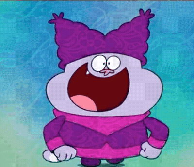 A Cartoon Character Wearing A Purple Hat And A Pink Sweater Is Smiling . GIF