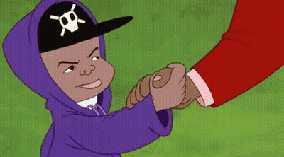 A Cartoon Character Wearing A Purple Hoodie And A Pirate Hat Is Shaking Hands With Another Person . GIF