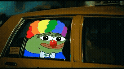 A Cartoon Character Wearing A Rainbow Wig And A Red Nose Is Looking Out The Window Of A Car . GIF