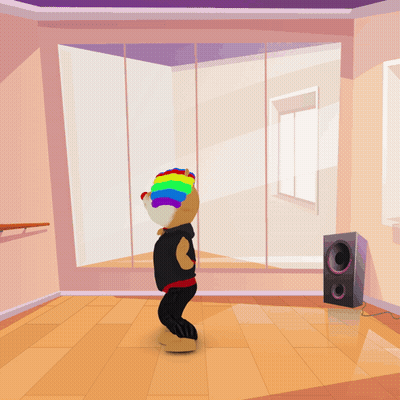 A Cartoon Character Wearing A Rainbow Wig Is Dancing In Front Of A Mirror GIF