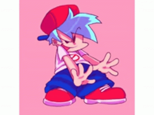 A Cartoon Character Wearing A Red Hat And Blue Hair Is Standing In Front Of A Pink Background . GIF