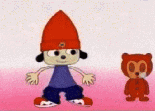 A Cartoon Character Wearing A Red Hat Stands Next To A Teddy Bear GIF