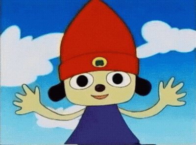 A Cartoon Character Wearing A Red Hat With A Green Circle On It GIF