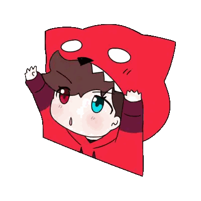 A Cartoon Character Wearing A Red Hoodie With A Shark Head Sticker