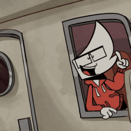 A Cartoon Character Wearing A Red Hoodie With The Letter I On It GIF