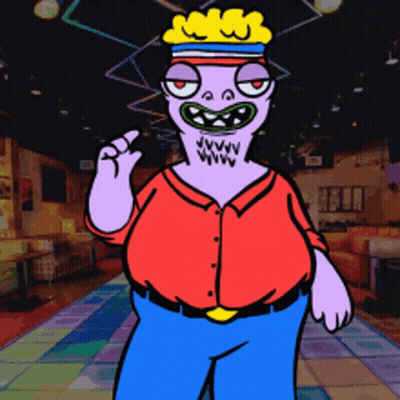 A Cartoon Character Wearing A Red Shirt And Blue Pants Is Standing On A Dance Floor GIF