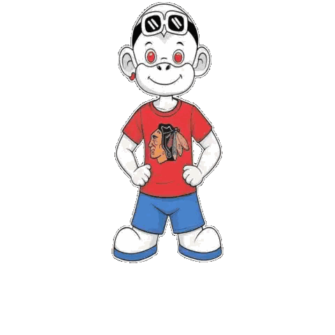 A Cartoon Character Wearing A Red Shirt With A Blackhawks Logo Sticker