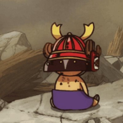 A Cartoon Character Wearing A Samurai Helmet With Horns GIF