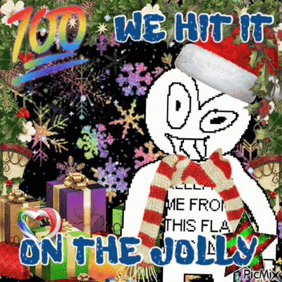 A Cartoon Character Wearing A Santa Hat And Scarf With The Words " We Hit It On The Jolly " GIF