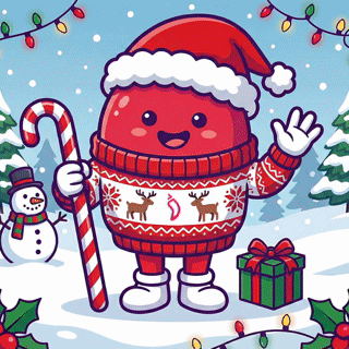 A Cartoon Character Wearing A Santa Hat And Sweater Is Holding A Candy Cane . GIF