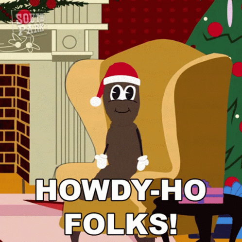 A Cartoon Character Wearing A Santa Hat Is Sitting In A Chair And Saying Howdy-Ho Folks GIF