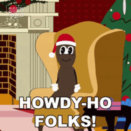 A Cartoon Character Wearing A Santa Hat Is Sitting In A Chair And Says Howdy Ho Folks GIF