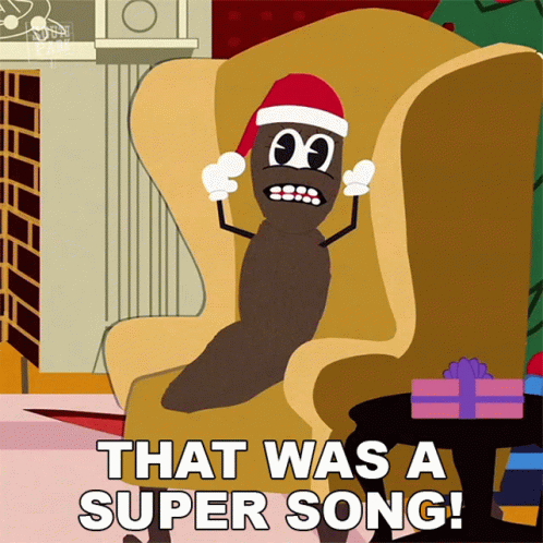A Cartoon Character Wearing A Santa Hat Is Sitting In A Chair With The Caption That Was A Super Song GIF